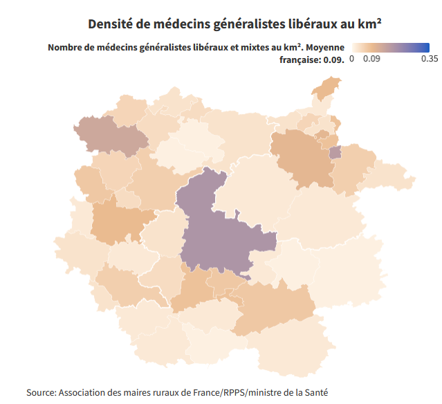 Cartographie de la densité de médecins généralistes libéraux au km².